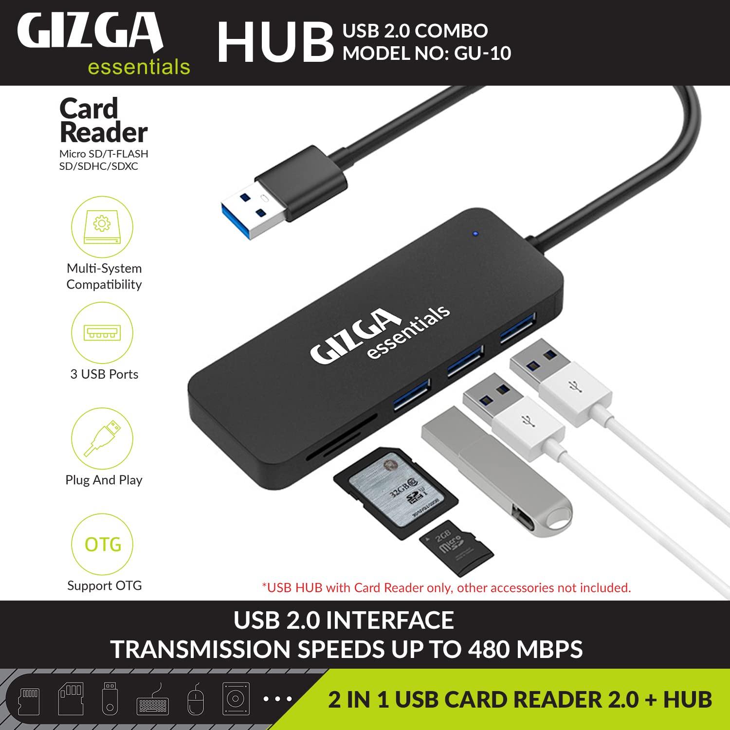 USB Hub, 5 in 1 USB Hub, Fast Data Transfer, 3 USB 2.0