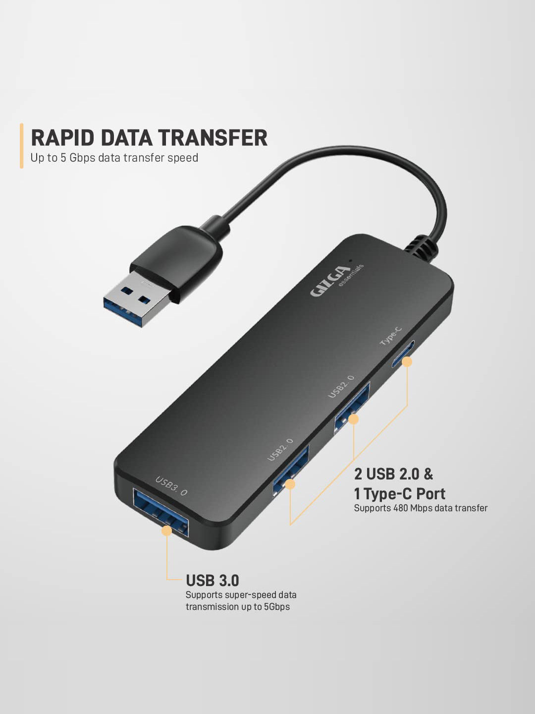 USB A 3.0 HUB, 4 Port Adapter, 5GBPS Fast Data Transfer