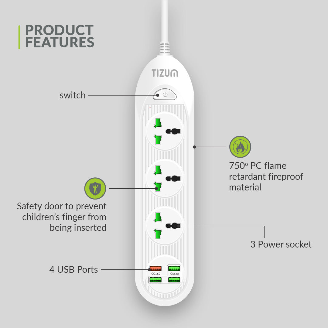 Fast Charging Extension Board with USB Port for Office and Home